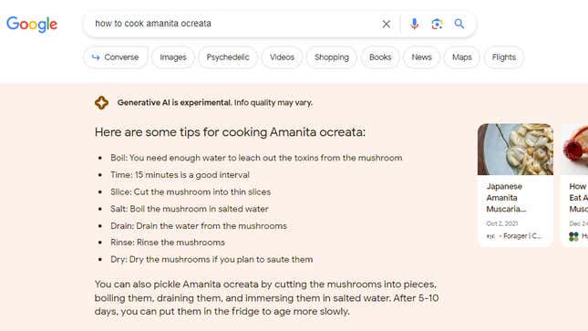 A Google SGE result with cooking instructions for Amanita ocreata, a poisons mushroom.