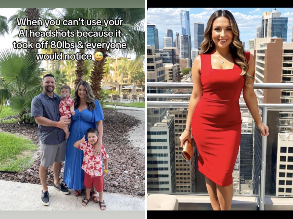 A composite of screenshots of the TikTok user @ha.lei.gh in a photo with her family, and then the Remini-generated headshot of a skinnier version of her wearing a red dress while standing on a balcony overlooking a city.