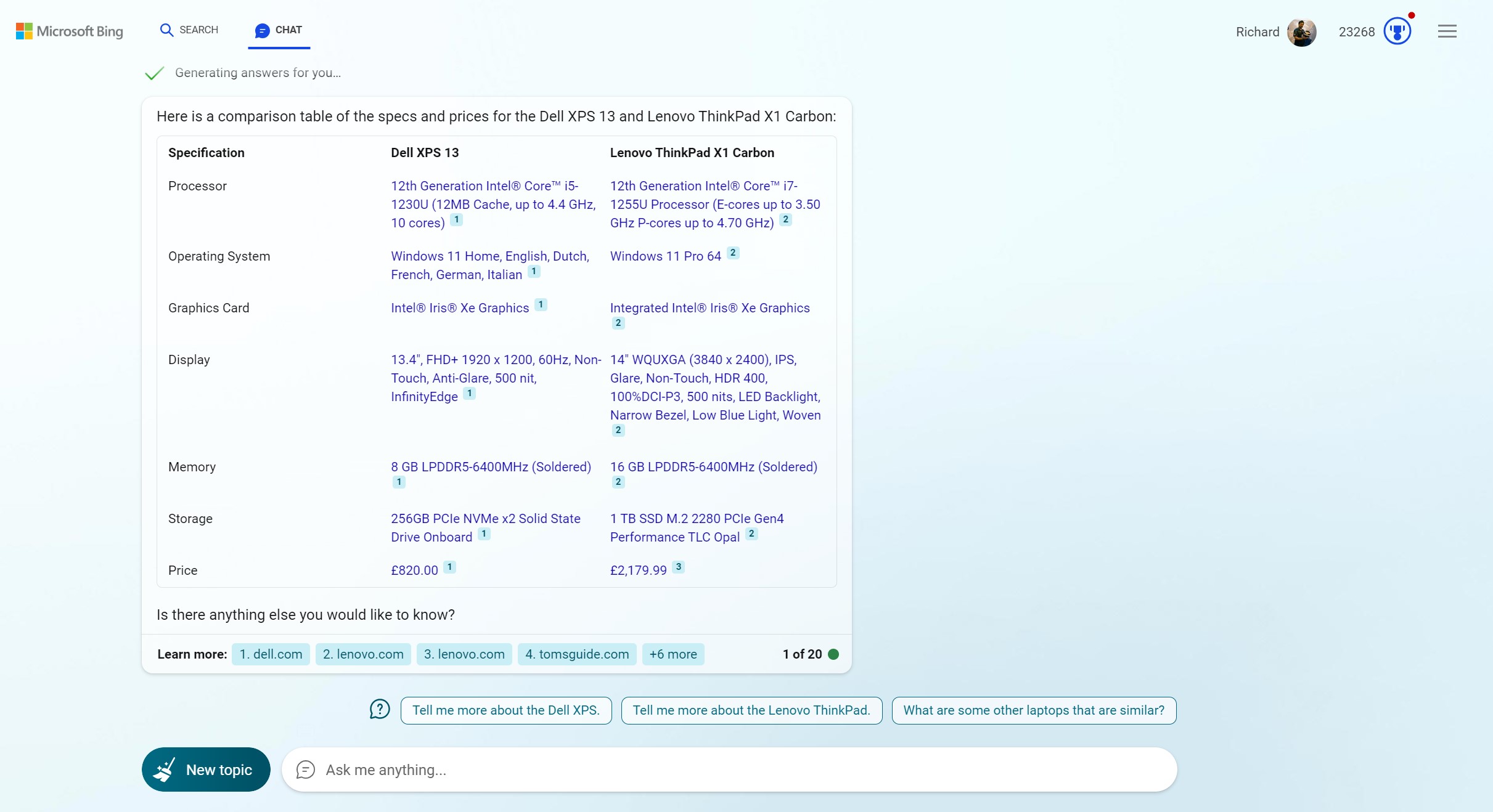 Bing Chat producing a table comparing the XPS 13 and Lenovo X1 Carbon