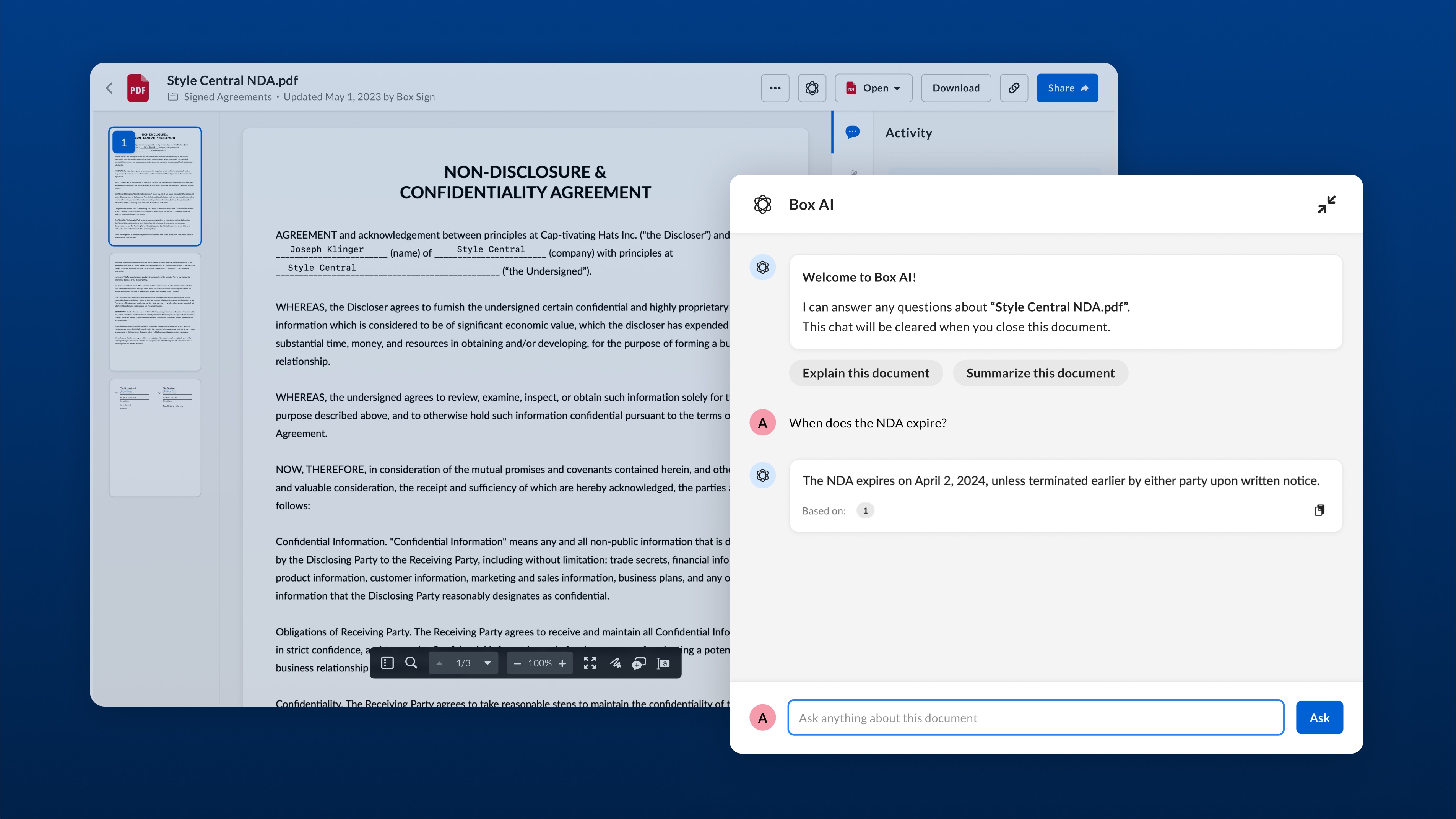 Box AI example showing generative AI interface to ask questions about a contract. In this case it's asking what date the NDA expires.