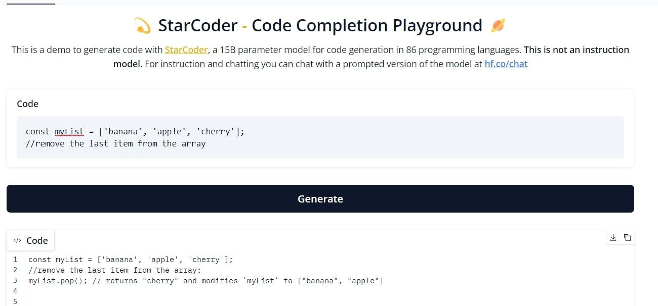 StarCoder Playground interface Completing a JavaScript program