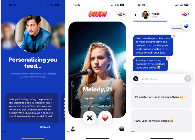 Structured like a conventional dating app, Blush allows users to match with AI avatars to 