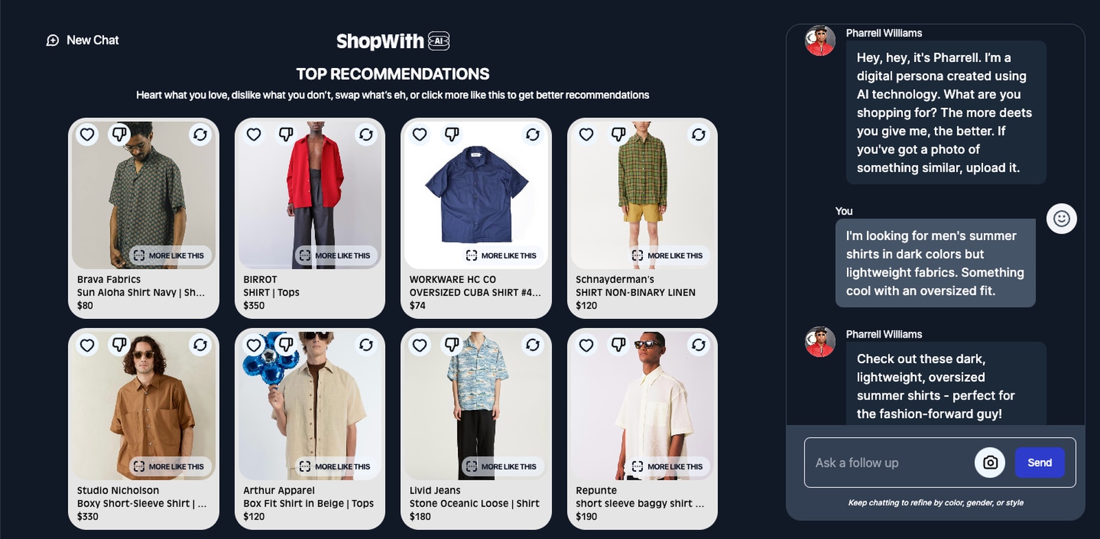 The Pharrell persona of ShopWith's AI shopping assistant.